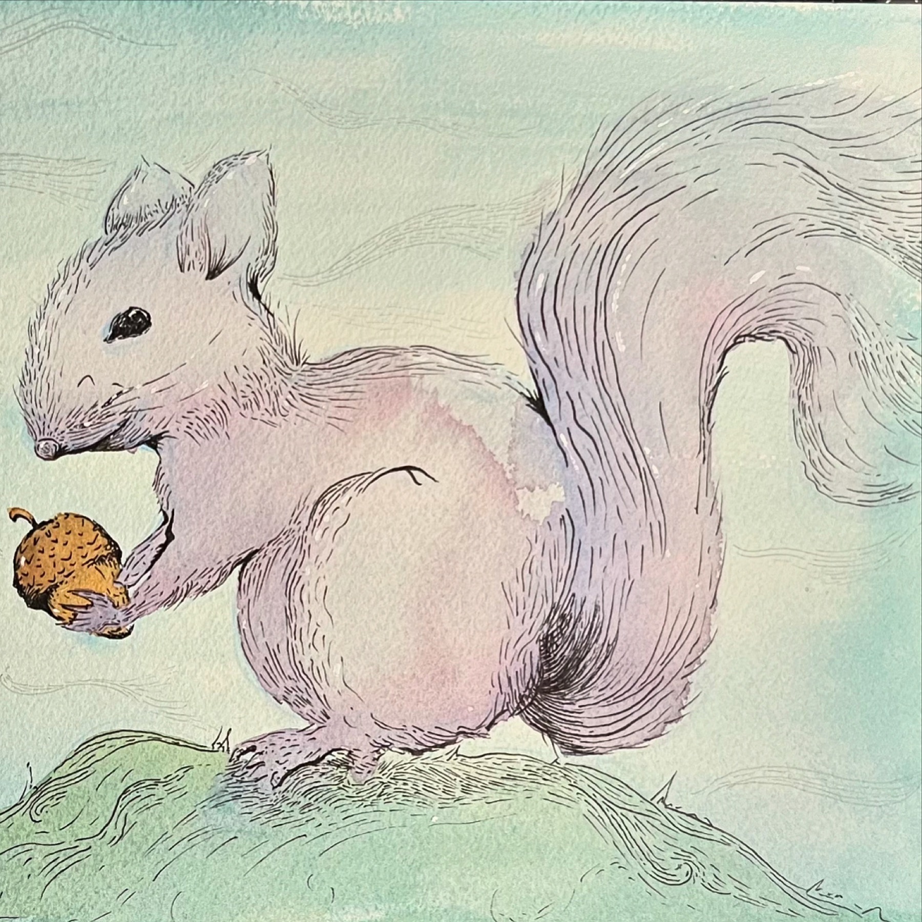 Watercolor squirrel holding an acorn