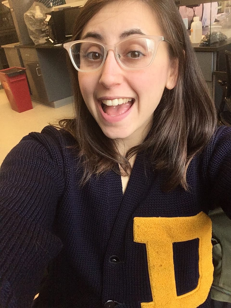Karmi wearing her grandfather's Drexel sweater