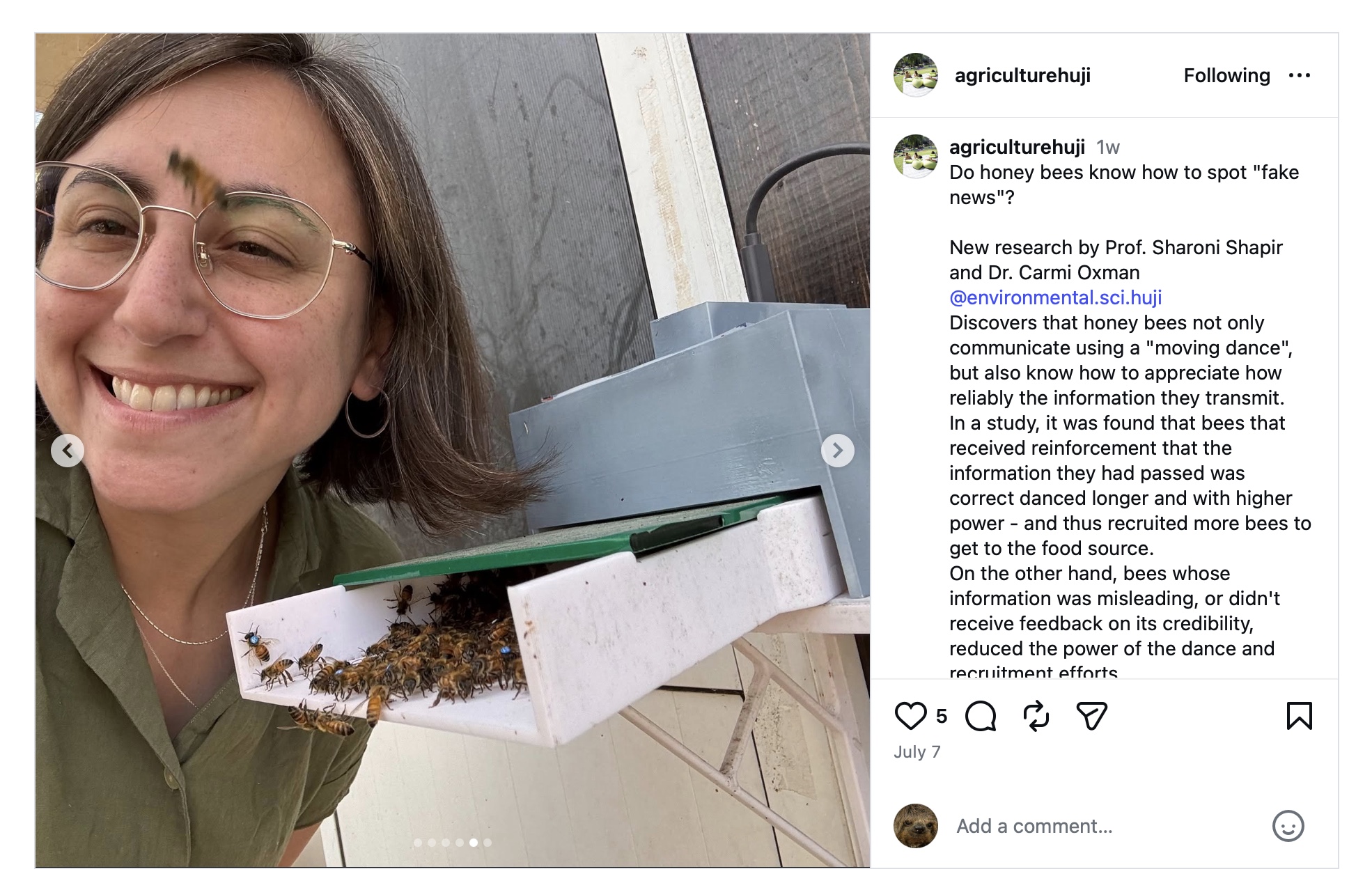 Agriculture HUJI Instagram post preview about honey bee research